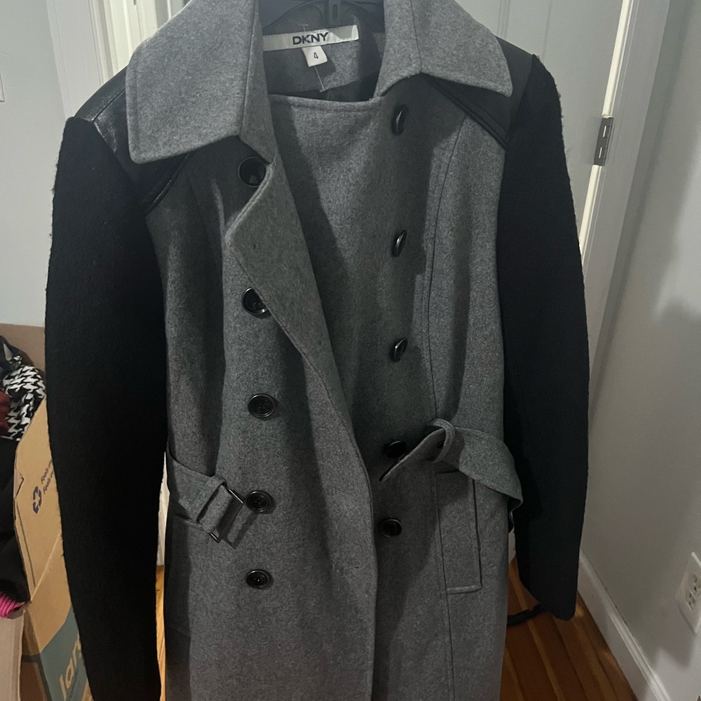 DKNY Gray and Black Wool Coat